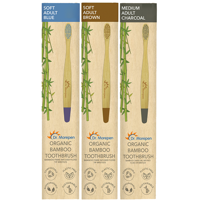 Dr. Morepen Organic Bamboo Toothbrush Adult 1 Medium & 2 Soft Blue, Brown & Charcoal