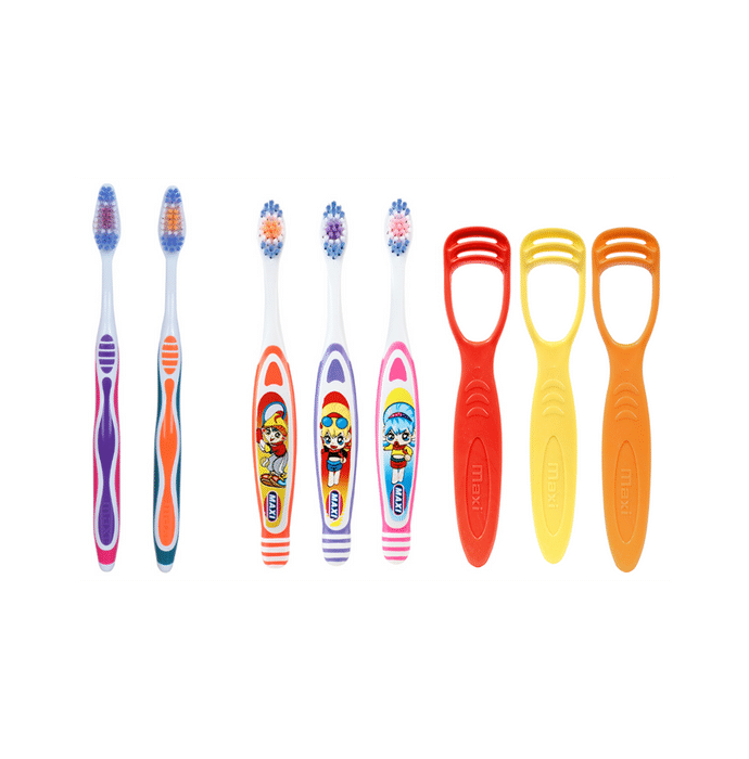 Maxi Oral Care Family Pack of 2 Adults Candy Toothbrush, 3 Kids Bunty Bubli Junior Toothbrush & 3 Tongue Cleaner 1 Number
