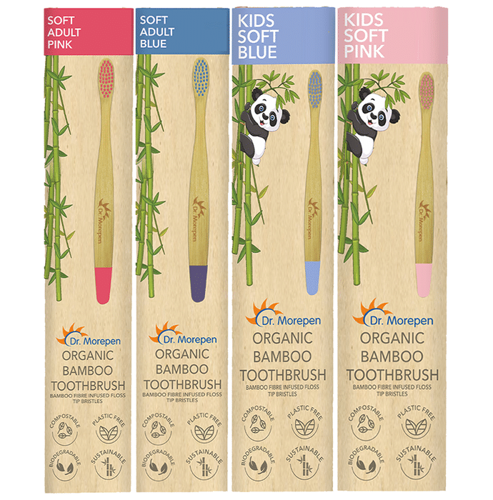 Dr. Morepen Combo Family Pack of Organic Bamboo Toothbrush Soft 2 Adult & 2 Kids 2 Pink & 2 Blue
