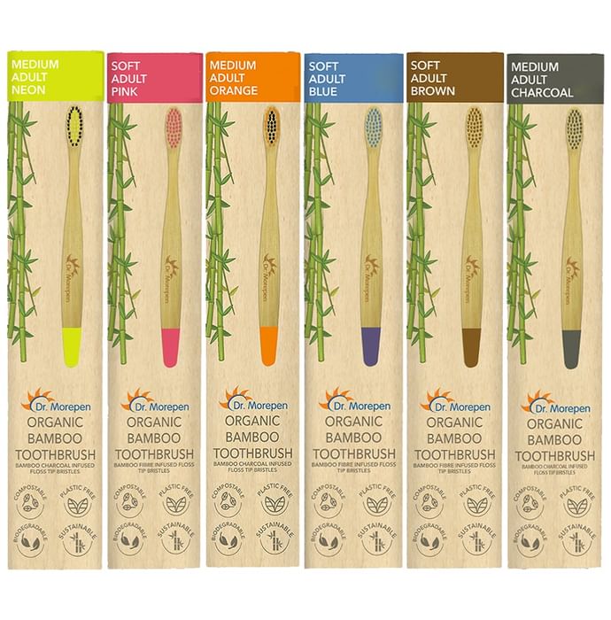 Dr. Morepen Organic Bamboo Toothbrush Adult 3 Medium & 3 Soft Neon, Pink, Orange, Blue, Brown & Charcoal