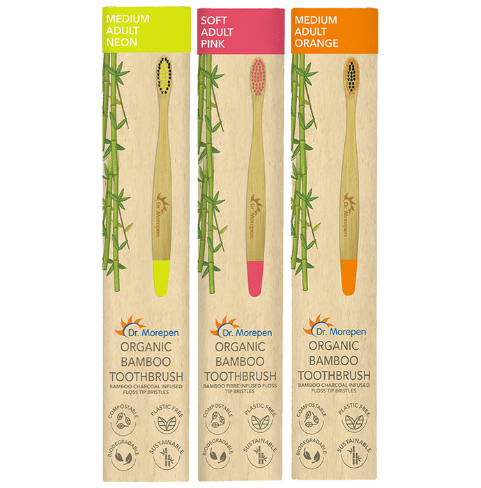 Dr. Morepen Organic Bamboo Toothbrush Adult 2 Medium & 1 Soft Neon, Pink & Orange