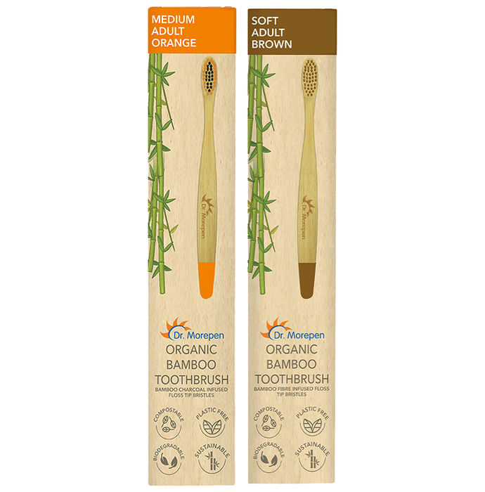 Dr. Morepen Organic Bamboo Toothbrush Adult 1 Medium & 1 Soft Orange & Brown
