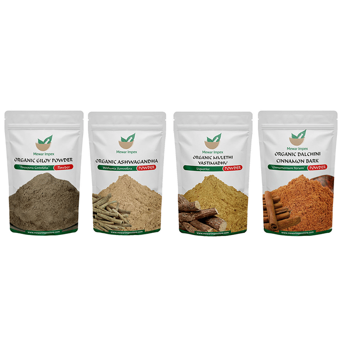 Mewar Impex Combo Pack of Organic Giloy Powder, Organic Mulethi Yastimadhu Powder, Organic Ashwagandha Powder & Organic Dalchini Cinnamon Bark Powder (100gm Each)