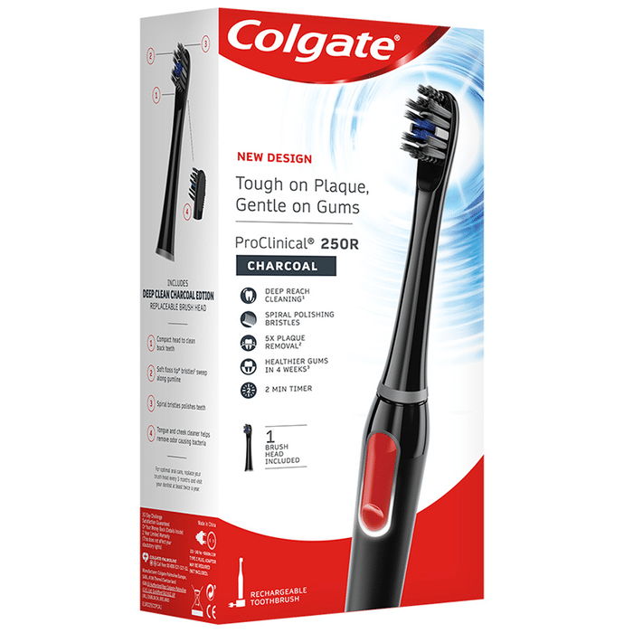 Colgate Proclinical 250R Rechargeable Sonic Electric Toothbrush with Replaceable Brush Head Included Charcoal