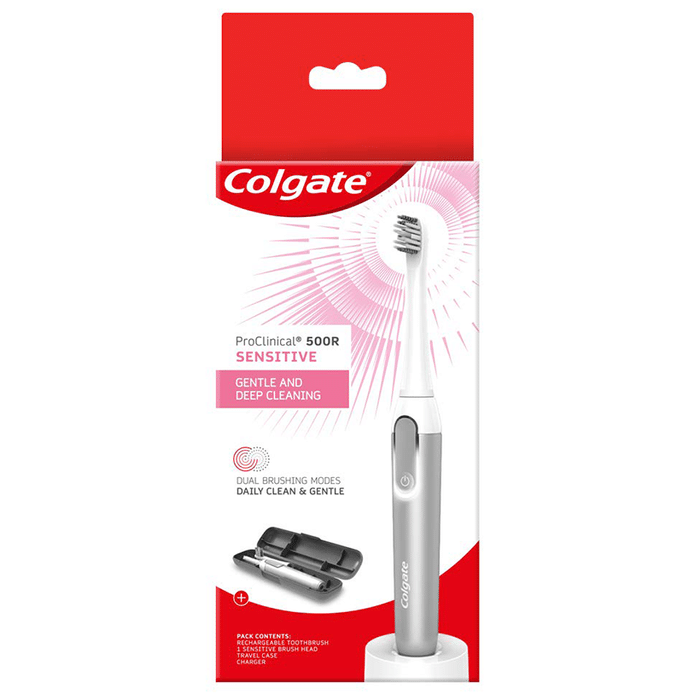 Colgate Proclinical 500R Rechargeable Sonic Electric Toothbrush with Dual Brushing Modes (Replaceable Brush Head, Charger, and Travel Case Included) Sensitive