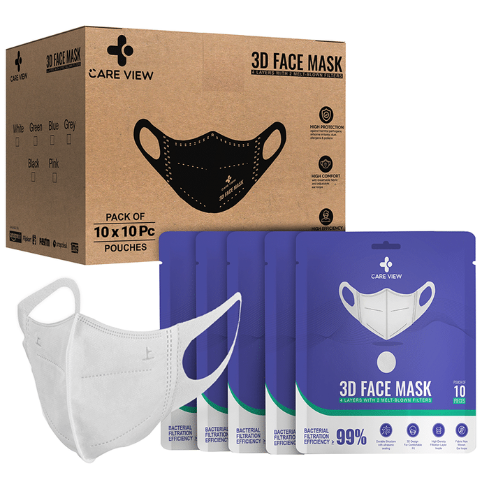 Care View 3 Dimensional Disposable Face Mask with 4 Layered Filtration and Soft Non-Woven Spandex Ear Loops White Pouch