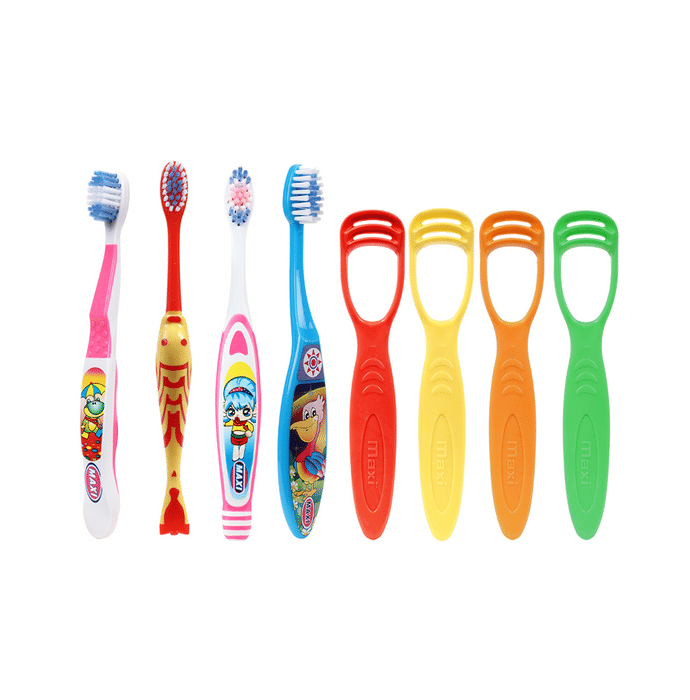 Maxi Oral Care Junior Pack of 1 Toffee Junior Toothbrush, 1 Goldie Junior Toothbrush, 1 Dolls Junior Toothbrush, 1 Bunty Bubli Junior Toothbrush & 4 Tongue Cleaner 1 Number