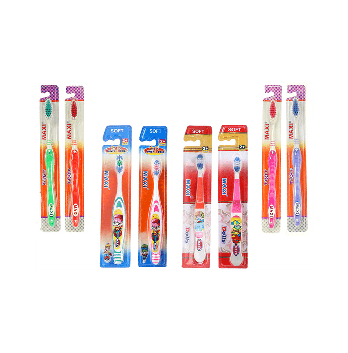 Maxi Oral Care Family Pack of 4 Adults Tiger Toothbrush, 2 Kids Dolls Junior Toothbrush & 2 Kids Bunty Bubli Junior Toothbrush