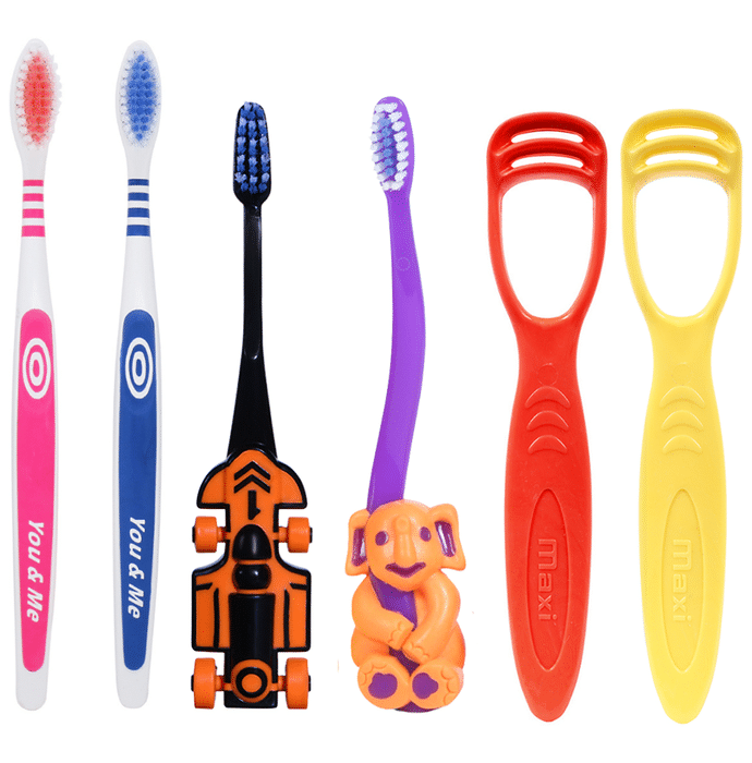 Maxi Oral Care Family Pack of 1 Zoom Car Junior Toothbrush, 1 Bingo Junior Toothbrush, 2 Adult You & Me Active Toothbrush and 2 Tongue Cleaner 1 Number
