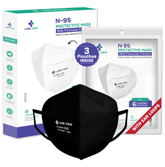 Care View Universal Black CV1221 N95 FFP2 Certified Earloop with 6 Layers Filtration Protective Mask