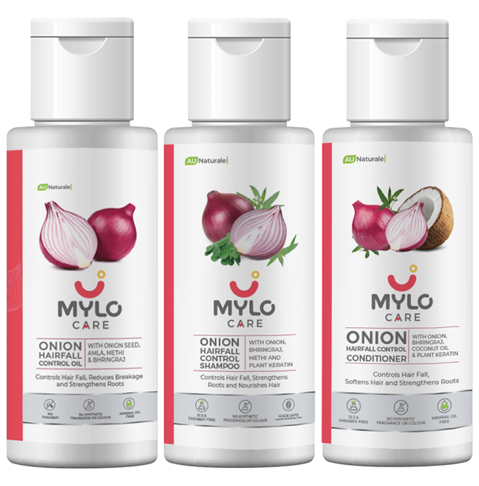 Mylo Care Combo Pack of Onion Hair Fall Control Oil,Onion Hair Fall Control Shampoo and Onion Hair Fall Control Conditioner (125ml Each)