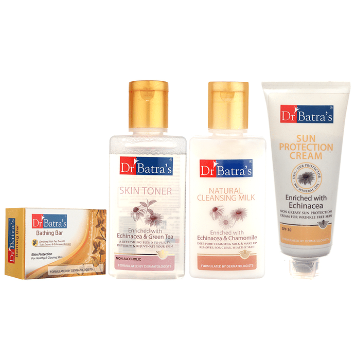Dr Batra's Combo Pack of Bathing Bar Skin Protection 125gm, Skin Toner 100ml, Natural Cleansing Milk 100ml and Sun Protection Cream 100gm