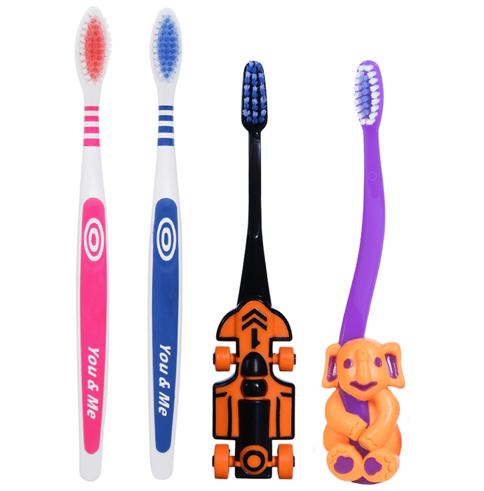 Maxi Oral Care Family Pack of 1 Zoom Car Junior Toothbrush, 1 Bingo Junior Toothbrush and 2 Adult You & Me Active Toothbrush