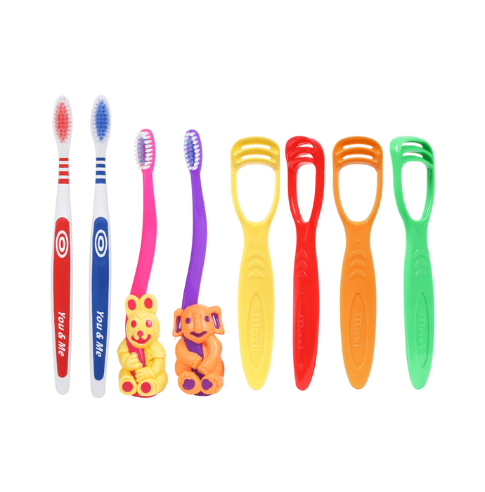 Maxi Oral Care Family Pack of 2 You & Me Active Toothbrush, 2 Bingo Junior Toothbrush and 4 Tongue Cleaner 1 Number