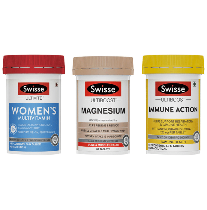 Swisse Combo Pack of Ultivite Women's Multivitamin Tablet, Ultiboost Magnesium Tablet & Ultiboost Immune Action Tablet (60 Each)