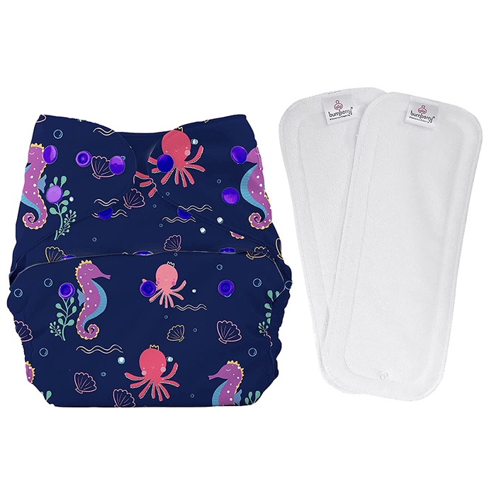 Bumberry Adjustable Reusable Cloth Diaper Cover with 2 Wet Free Insert For Babies Seahorse