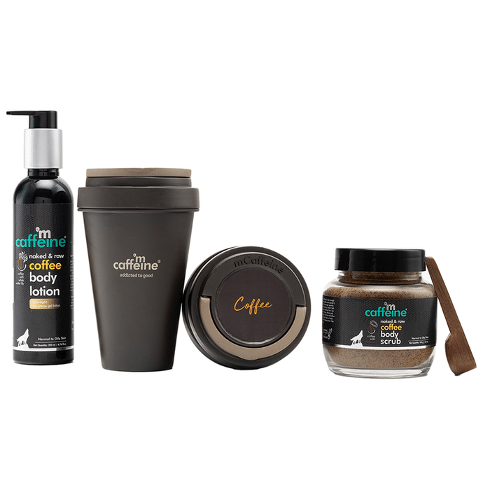 mCaffeine Combo Pack of Naked & Raw Coffee Body Lotion (200ml), Coffee Body Wash (300ml) & Naked & Raw Coffee Body Scrub (100gm)