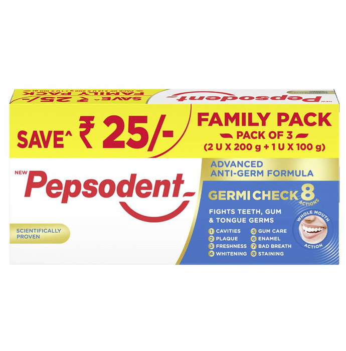 Pepsodent Germi Check 8 Actions Toothpaste Family Pack (2 Tube of 200gm & 1 Tube of 100gm)