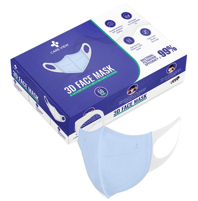 Care View 3 Dimensional Disposable Face Mask with 4 Layered Filtration and Soft Non-Woven Spandex Ear Loops Blue Box