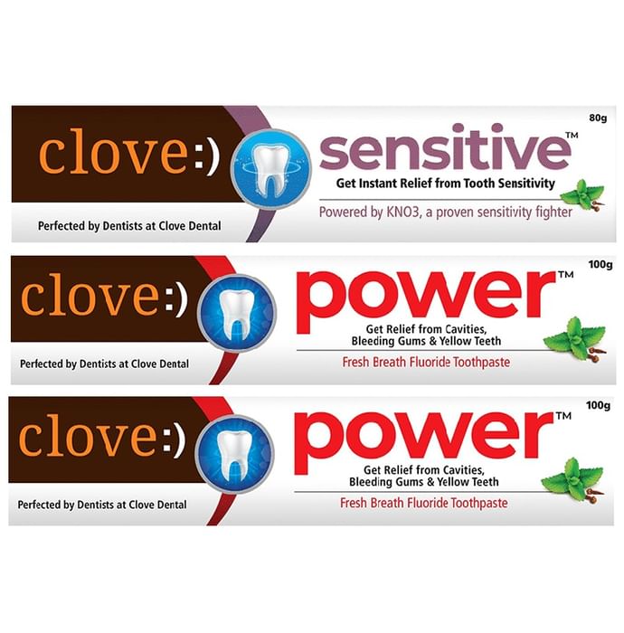 Clove Combo Pack of 2 Power Fresh Breath Fluoride Toothpaste 100gm and 1 Sensitive Anti-Sensitivity Fluoride Toothpaste 80gm