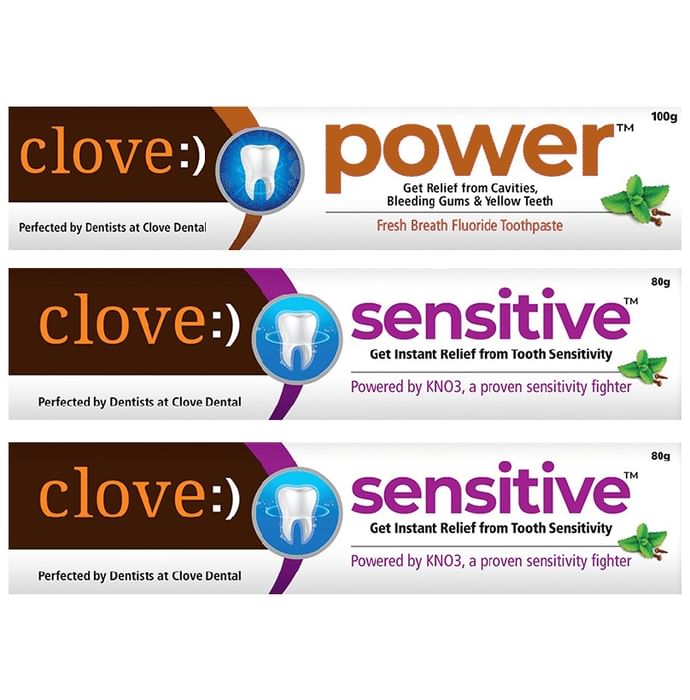 Clove Combo Pack of 1 Power Fresh Breath Fluoride Toothpaste 100gm and 2 Sensitive Anti-Sensitivity Fluoride Toothpaste 80gm