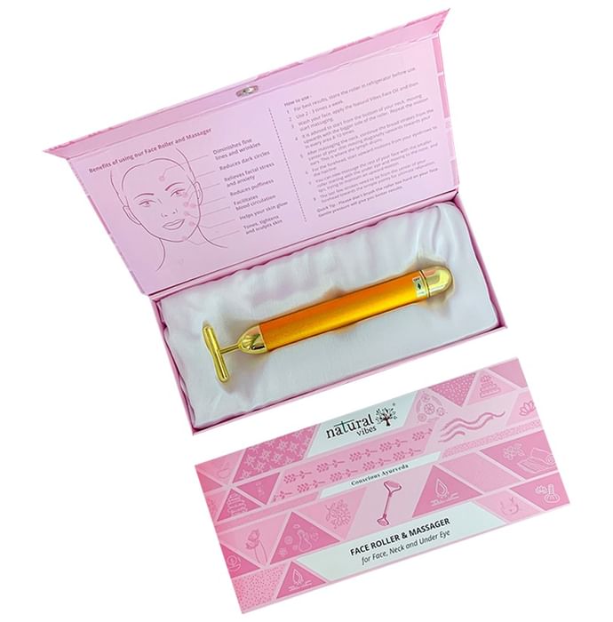 Natural Vibes 24k Gold Vibrating Face Roller & Sculptor with Ayurvedic Beauty Oil with Gold Flakes Free