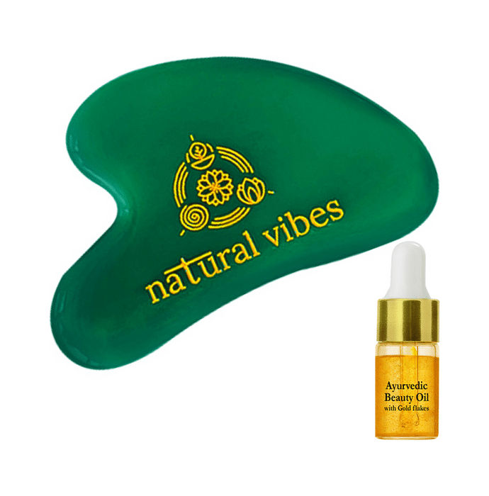 Natural Vibes Jade Gua Sha Facial Massager with Ayurvedic Beauty Oil with Gold Flakes Free