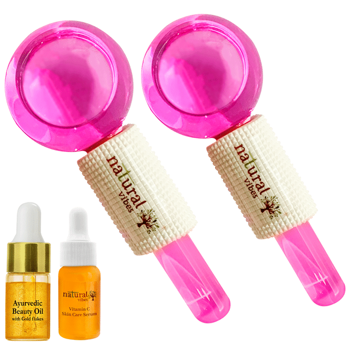 Natural Vibes Combo Pack of 2 Ice Globe with Vitamin C Skin Care Serum 3ml & Ayurvedic Beauty Oil with Gold Flakes 3ml Free Pink