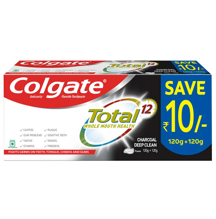 Colgate Total 12 Whole Mouth Health Anticavity Fluoride Toothpaste (120gm Each) Charcoal Deep Clean