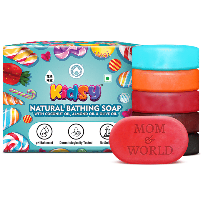 Mom & World Kidsy 5 In 1 Gummies, Fruit Candy, Candy Floss, Marshmallow & Kola Candy Tear Free Natural Bathing Soap (75gm Each)