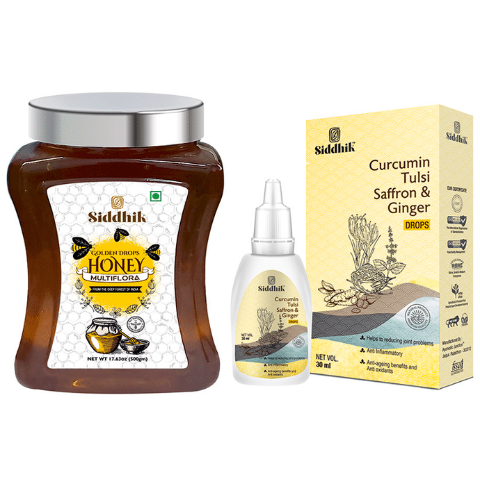 Siddhik Combo Pack of Golden Drops Multiflora Honey 500gm & Curcumin Tulsi Saffron and Ginger Drop 30ml