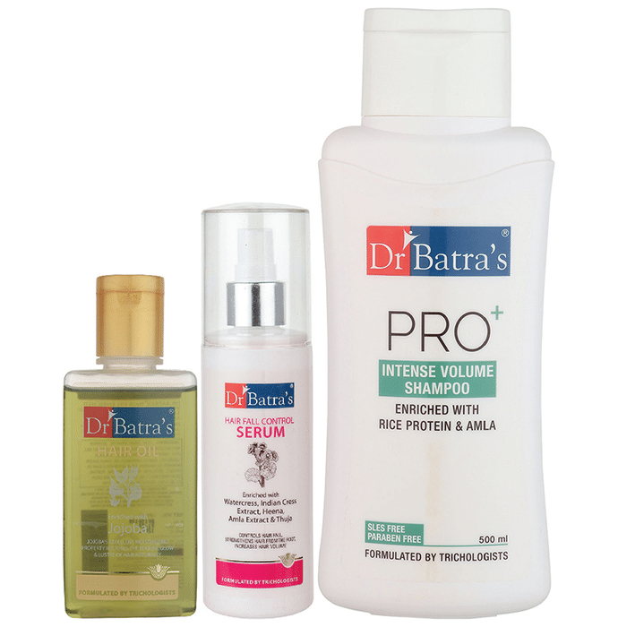 Dr Batra's Combo Pack of Hair Fall Control Serum 125ml, Hair Oil 100ml and Pro+ Intense Volume Shampoo 500ml