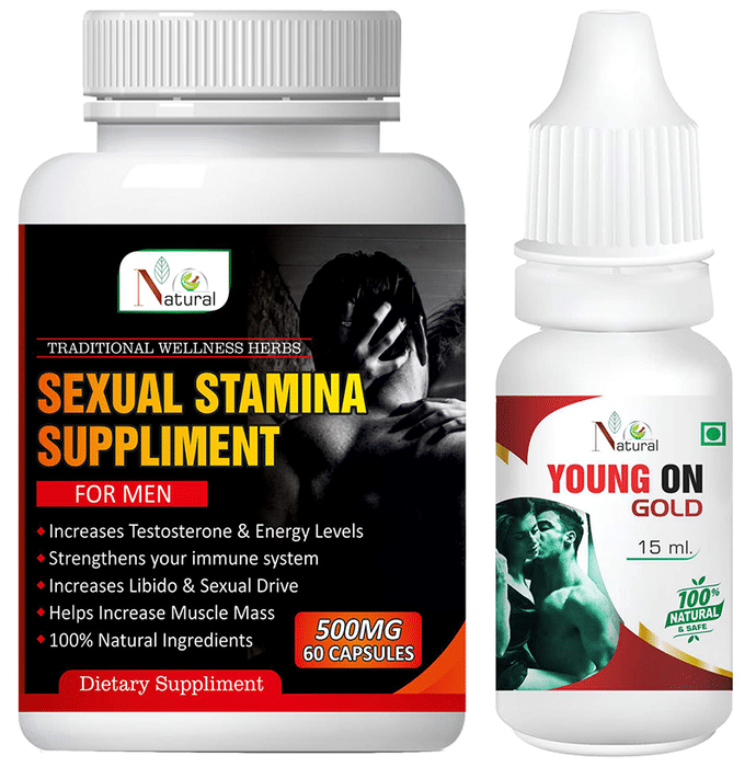 Natural Combo Pack of Sexual Stamina Suppliment 500mg, 60 Capsule & Young On Gold 15ml