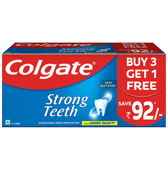 Colgate Strong Teeth Anticavity Toothpaste with Amino Shakti (200gm Each) Buy 3 Get 1 Free