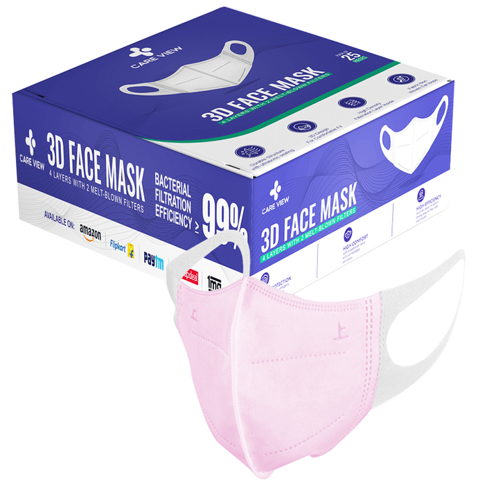 Care View 3 Dimensional Disposable Face Mask with 4 Layered Filtration and Soft Non-Woven Spandex Ear Loops Pink Box