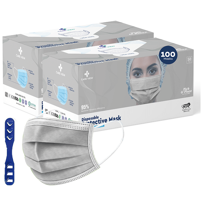 Care View CV2992 Sitra Approved 3 Ply Colored Disposable Surgical Mask with Built in Metal Nose Pin and 1 Melt Blown Layer (50 Each) Grey