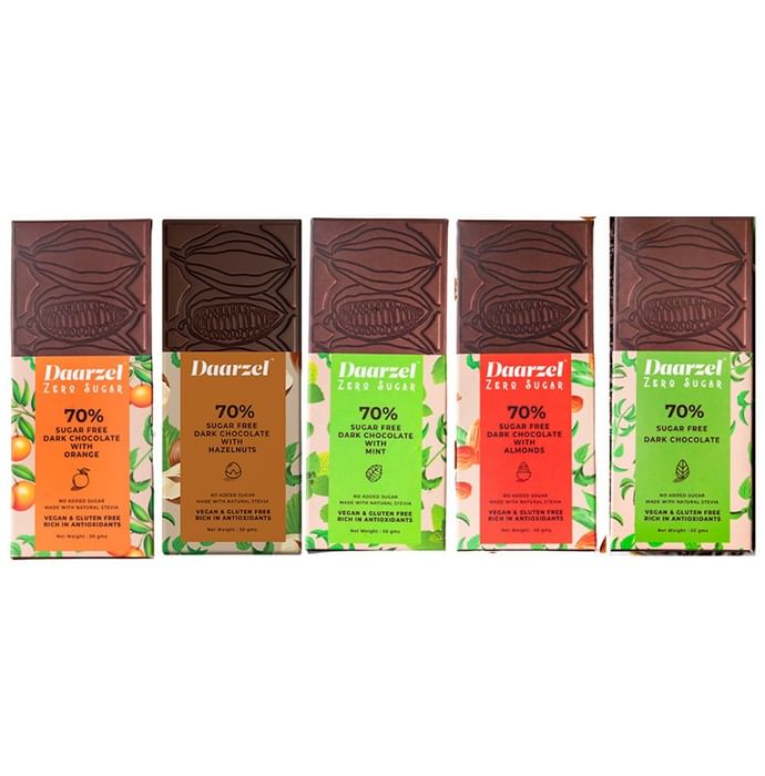 Daarzel Zero Sugar Combo Pack of 70% Sugar Free Dark Chocolate with Orange, 70% Sugar Free Dark Chocolate with Hazelnuts, 70% Sugar Free Dark Chocolate with Mint, 70% Sugar Free Dark Chocolate with Almonds & 70% Sugar Free Dark Chocolate (50gm Each)
