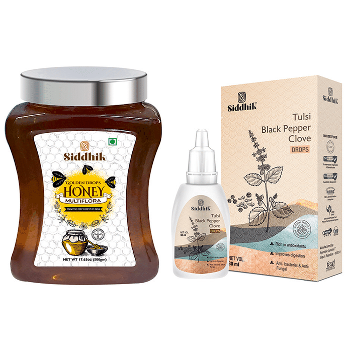 Siddhik Combo Pack of Golden Drops Multiflora Honey 500gm & Tulsi Black Pepper Clove Drop 30ml