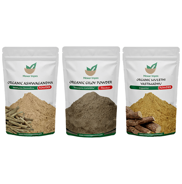 Mewar Impex Combo Pack of Organic Ashwagandha Powder, Organic Giloy Powder & Organic Mulethi Yastimadhu Powder (100gm Each)