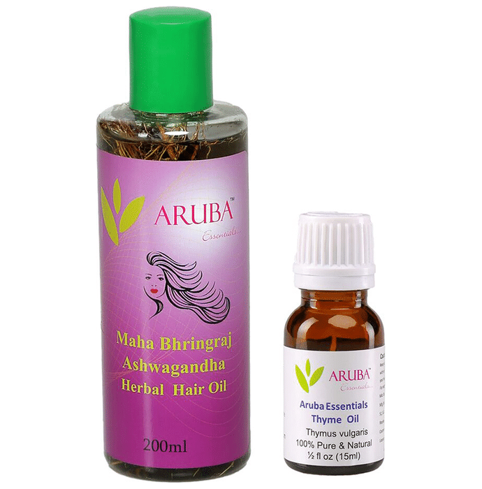 Aruba Essentials Combo Pack of Maha Bhringraj Ashwagandha Herbal Hair (200ml) & Thyme (15ml) Oil