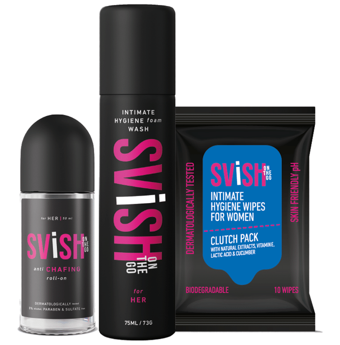 Svish On The Go Female Hygiene Kit of Intimate Hygiene 10 Wipes, Intimate Hygiene Foam Wash 75ml and Anti Chafing Roll On Deodrant 50ml
