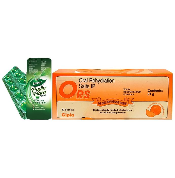 Combo Pack of Prolyte ORS Powder Refreshing Orange 21gm & Dabur Pudin Hara Pearls (10)