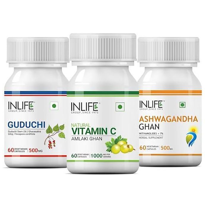 Inlife Combo Pack of Guduchi 500mg, Natural Vitamin C 1000mg & Ashwagandha Ghan 500mg Vegetarian Capsule (60 Each)