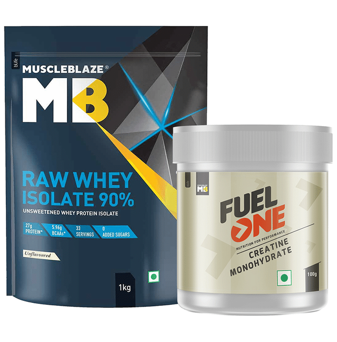 MuscleBlaze MB Combo Pack of Raw Whey Isolate 90% 1kg Unflavoured & Fuel One Creatine Monohydrate 100gm Unflavoured
