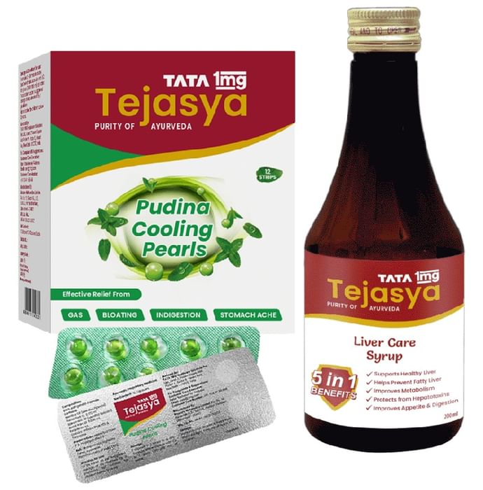Combo Pack of Tata 1mg Tejasya Liver Care Syrup (200ml) & Tata 1mg Tejasya Pudina Cooling Pearls (10)