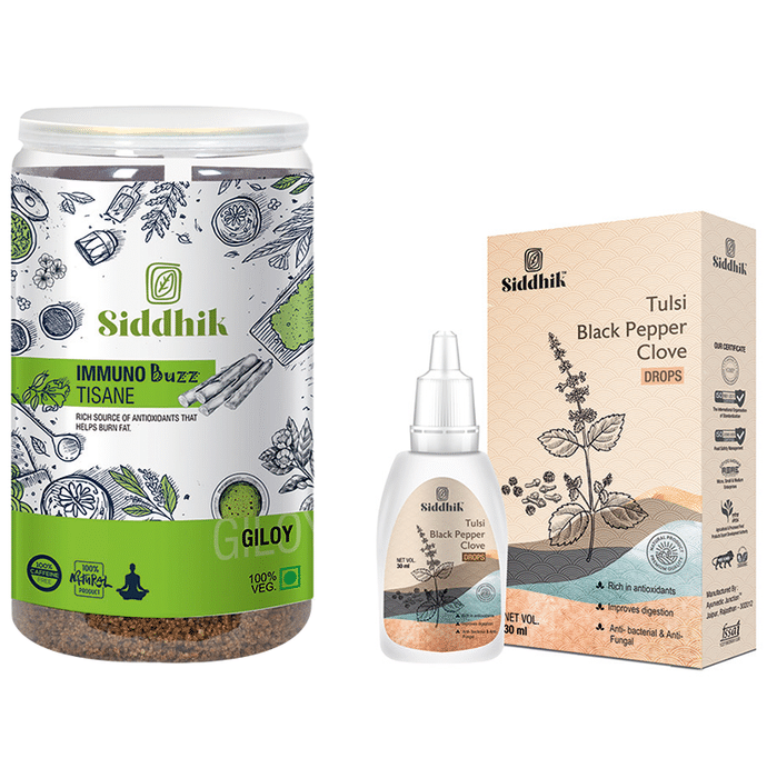 Siddhik Combo Pack of Immuno Buzz Tisane Giloy Tea 250gm & Tulsi Black Pepper Clove Drop 30ml