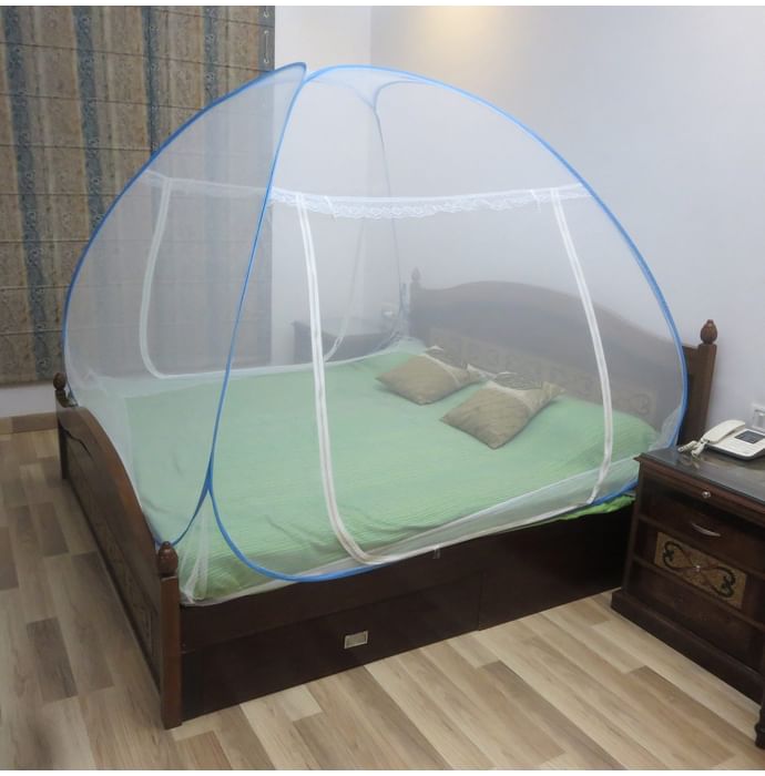 Healthgenie Polyester Premium Foldable Mosquito Net Double Bed with Repair Kit of 7 Patches Blue