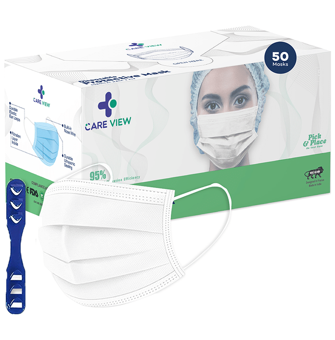 Care View CV2992 Sitra Approved 3 Ply Colored Disposable Surgical Mask with Built in Metal Nose Pin and 1 Melt Blown Layer (50 Each) White