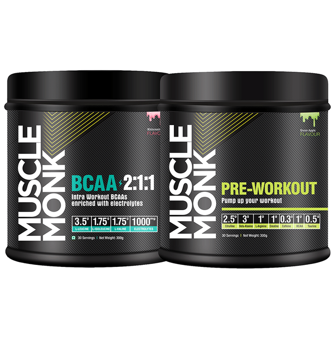 Muscle Monk Combo Pack of BCAA 2:1:1 Watermelon & Pre-Workout Green Apple (300gm Each)