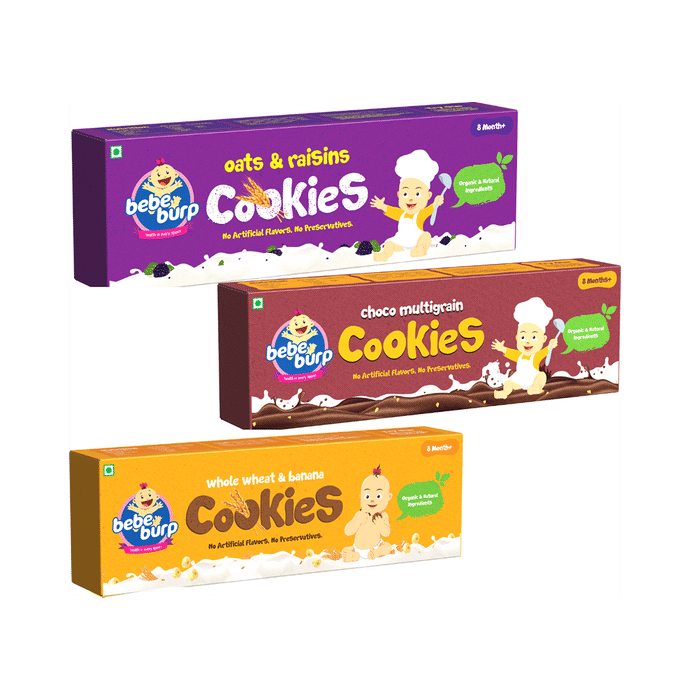 Bebe Burp Combo Pack of 8M+ Cookies (150gm Each) Whole Wheat & Banana, Choco Multigrain and Oats & Raisins